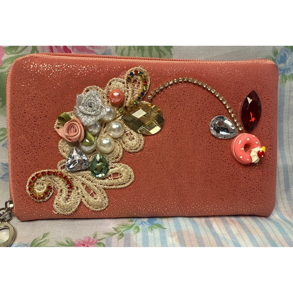 Pink Beaded Floral Clutch Wallet Pouch Rhinestone Pearl Embellished 4x6.5"